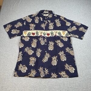 Vintage Campia Moda Hawaiian Shirt L Rayon Navy Pineapple Tiki Aloha Korea